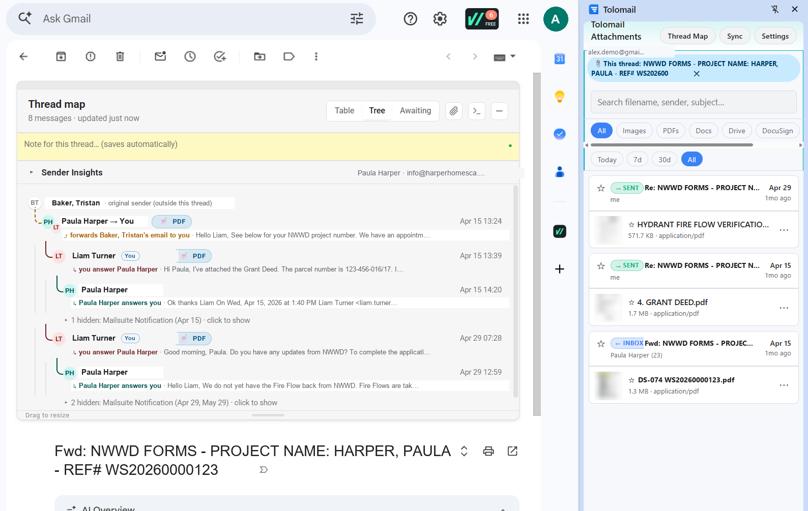 Tolomail's Thread Map inside Gmail: a forwarded email branching from its original sender, replies indented with colored connectors and who-answers-whom notes, next to the Attachments side panel filtered to the open thread.